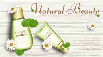 Bezpłatny wektor butelki kosmetyków naturalnych z kwiatami rumianku