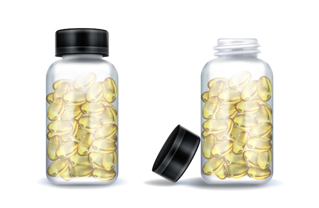 Butelki medycyny z jasne żółte kapsułki na białym tle