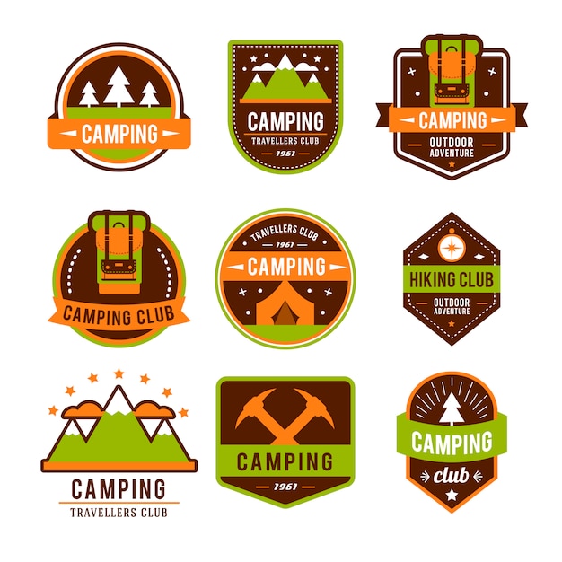 Camping Płaski Zestaw Z Sprzęt Turystyczny I Ikony Gotowania Na Zewnątrz