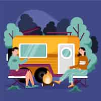 Bezpłatny wektor camping z ilustracją karawany