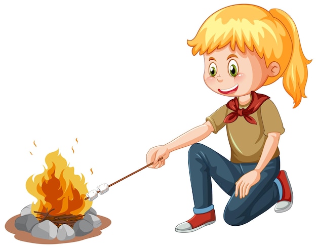 Bezpłatny wektor campingowa dziewczyna piecze pianki na ognisku