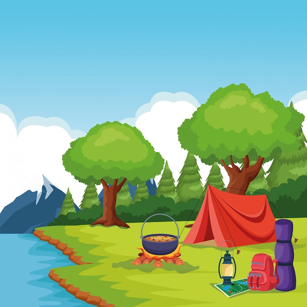 Bezpłatny wektor campingowe elementy w wiejskim krajobrazie
