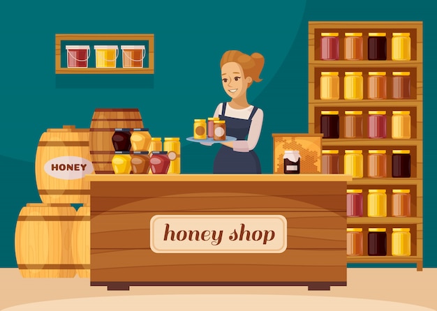 Bezpłatny wektor cartoon honey shop beekeeper beoney