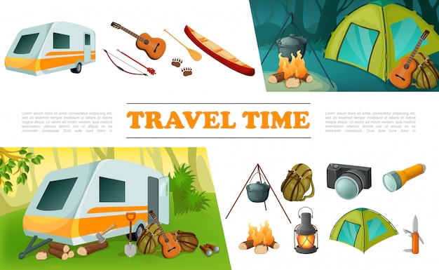 Bezpłatny wektor cartoon travel elementy campingowe zestaw z przyczepą kempingową gitara łuk strzała kajak plecak aparat fotograficzny latarka ognisko latarnia namiot nóż