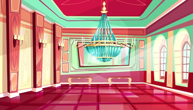 Bezpłatny wektor cartoon zamku pałac wnętrze sali balowej z królewskim meble