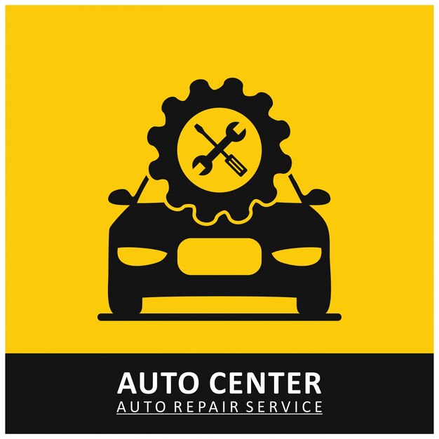 Centrum Auto Service Auto Naprawa Ikona Gear z Narzędzi i Samochodów żółtym Tle