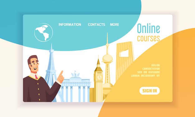 Centrum językowe kursy online informacje płaski transparent koncepcja www z symbolami wieży Big Ben Eiffla