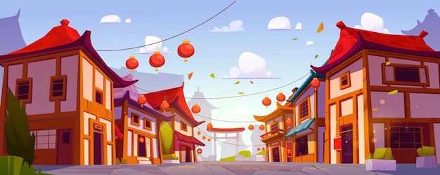 Bezpłatny wektor chiński budynek na ulicy miasta kreskówka tło wektor chiny kamienica z czerwoną latarnią na festiwal noworoczny ilustracja pejzaż miejski tradycyjna architektura azjatycka dekoracja projekt panorama