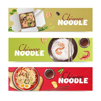 Chiński makaron 3 realistyczne poziome banery reklamowe ze smażonymi daniami z woka