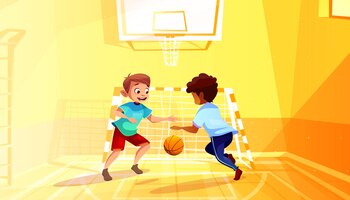 Bezpłatny wektor chłopiec bawić się koszykówki ilustrację czarny afro amerykański dzieciak z piłką w szkolnej sala gimnastycznej