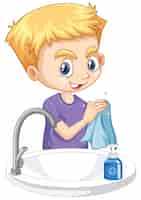 Bezpłatny wektor chłopiec cleaning ręki na białym tle