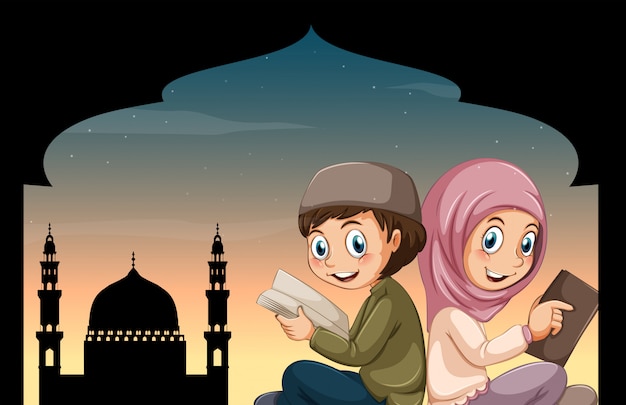 Chłopiec i dziewczynka czytanie Biblii w meczecie
