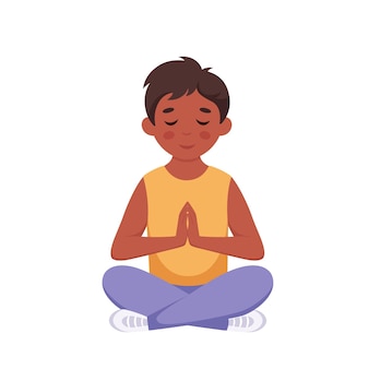 Chłopiec medytujący w pozycji lotosu gimnastyczna joga i medytacja dla dzieci ilustracja wektorowa