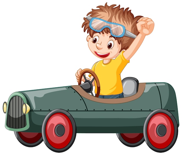 Bezpłatny wektor chłopiec prowadzący mini-zabawkę samochodzik na białym tle