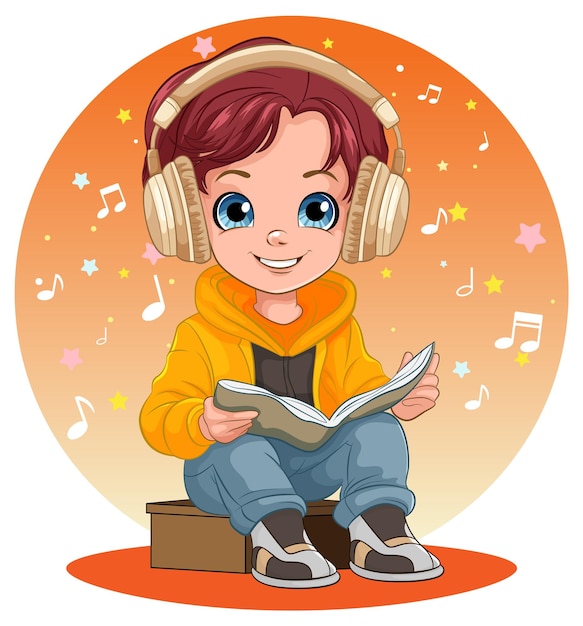 Bezpłatny wektor chłopiec słucha muzyki za pomocą zestawu słuchawkowego