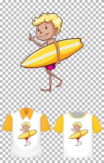 Bezpłatny wektor chłopiec trzyma projekt postać z kreskówki żółty deska surfingowa dla t-shirt na białym tle