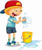 Bezpłatny wektor chłopiec trzymający gąbkę z bąbelkami do czyszczenia