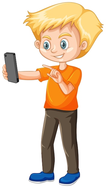 Bezpłatny wektor chłopiec w pomarańczowej koszuli za pomocą inteligentnego telefonu postać z kreskówki na białym tle