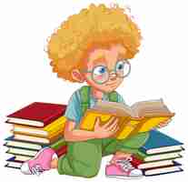 Bezpłatny wektor chłopiec z kręconymi włosami czytający książkę