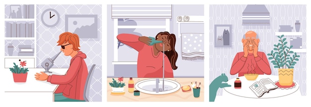 Bezpłatny wektor choroby nosa trzy izolowane ilustracje z ludźmi leczącymi katar w domu na różne sposoby płaska ilustracja wektorowa