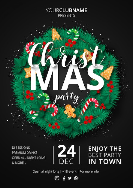 Bezpłatny wektor christmas party plakat z ozdobnym wieniec