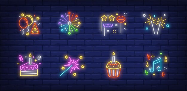 Christmas party symbolss ustawione w kolekcji w stylu neonowym