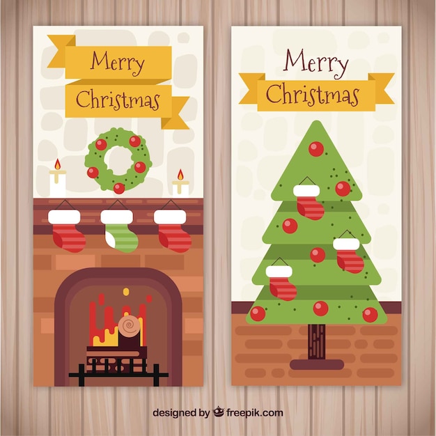 Bezpłatny wektor christmas transparenty z kominkiem i drzewa