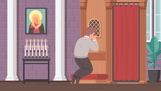 Bezpłatny wektor chrześcijański kościół kreskówka z mężczyzną modlącym się na jego kolanach ilustracji wektorowych