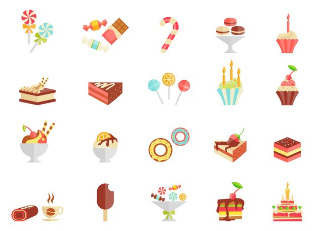Ciasto cukierki i lody ikony z różnymi plastrami i klinami ciasta