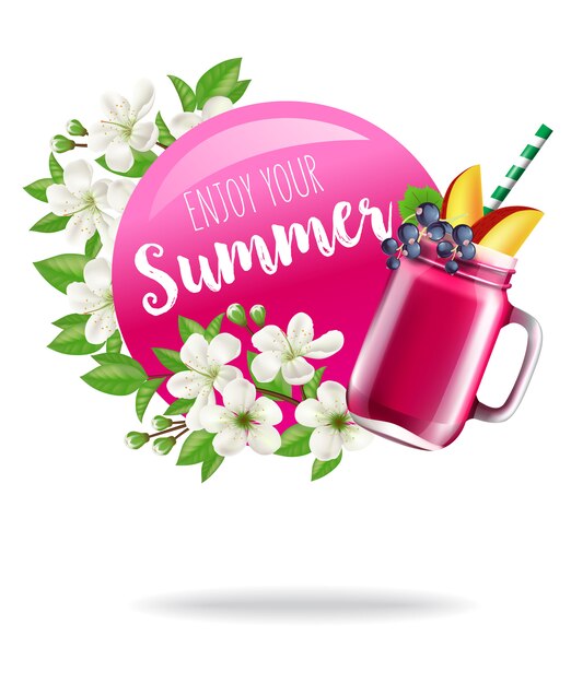 Ciesz się letnim sezonowym plakatem z kwiatami i napojem owocowym.