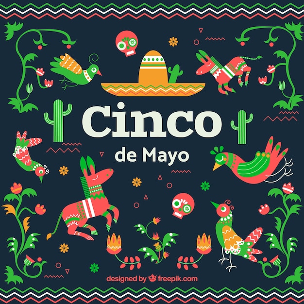 Cinco De Mayo Tło Z Tradycyjnymi Elementami W Stylu Płaski