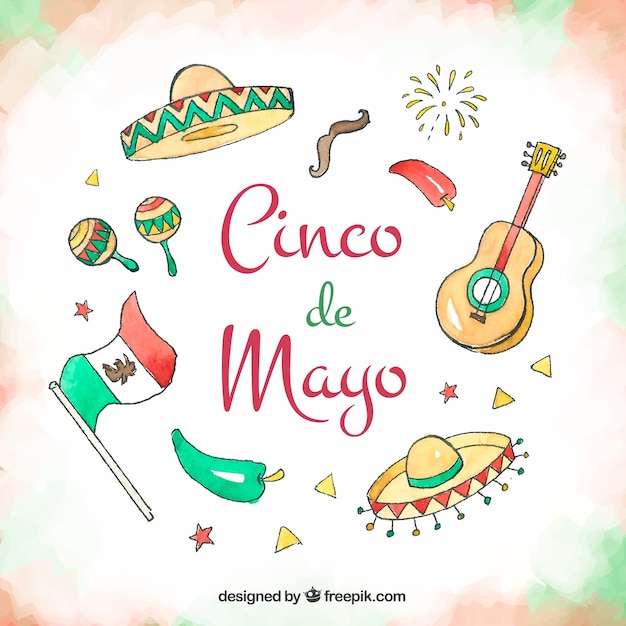 Cinco De Mayo Tło Z Tradycyjnymi Elementami W Stylu Przypominającym Akwarele