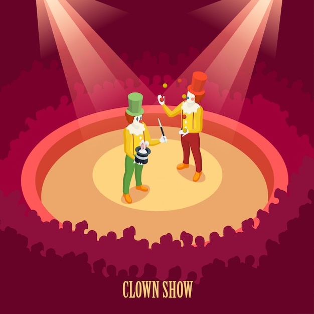 Bezpłatny wektor circus clowns pokaż plakat izometryczny