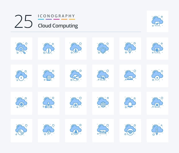 Bezpłatny wektor cloud computing 25 pakiet ikon w kolorze niebieskim, w tym chmura ochrony pobierania połączeń internetowych