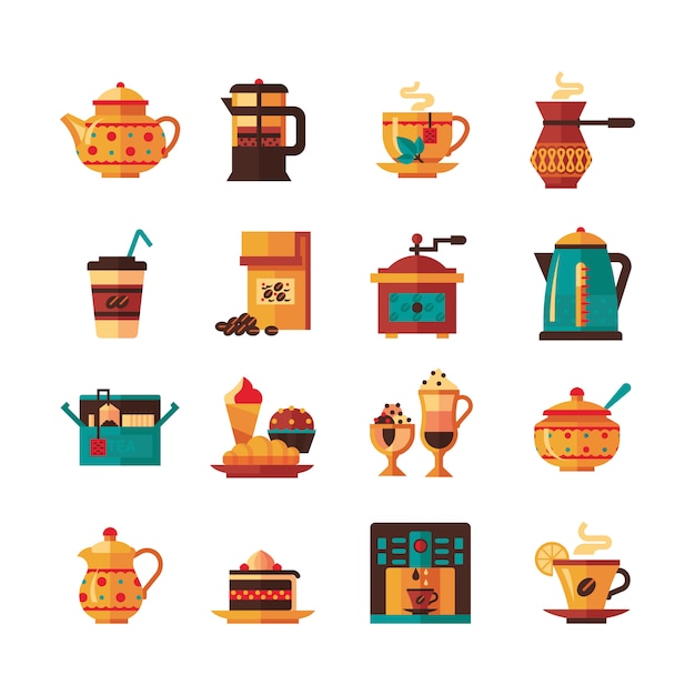 Bezpłatny wektor coffe i zestaw ikon herbaty płaski