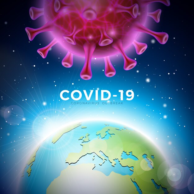 Covid-19. Coronavirus Outbreak Design with Virus Cell and Earth on Blue Background. Szablon ilustracji na temat Niebezpiecznego epidemicznego SARS dla banera promocyjnego lub ulotki.