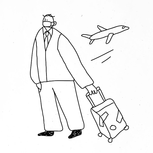 Bezpłatny wektor covid-19 nowy normalny wektor podróżujący doodle postać