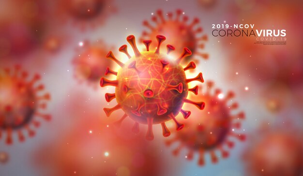 Covid-19. Projekt epidemii koronawirusa z komórką wirusa w widoku mikroskopowym na błyszczącym jasnym tle. Szablon ilustracji 2019-ncov na temat Niebezpieczny epidemiczny SARS na baner promocyjny.