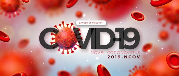 Covid-19. Projekt epidemii koronawirusa z wirusem i komórką krwi w widoku mikroskopowym na błyszczącym tle światła. Ilustracja wirusa Corona 2019-ncov na temat Niebezpieczny epidemiczny SARS dla banera.