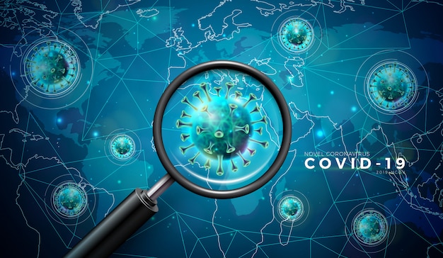 Covid19. Projekt epidemii koronawirusa z komórką wirusa i lupą w widoku mikroskopowym na tle mapy świata.