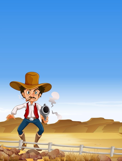 Bezpłatny wektor cowboy strzelanie z pistoletu w polu