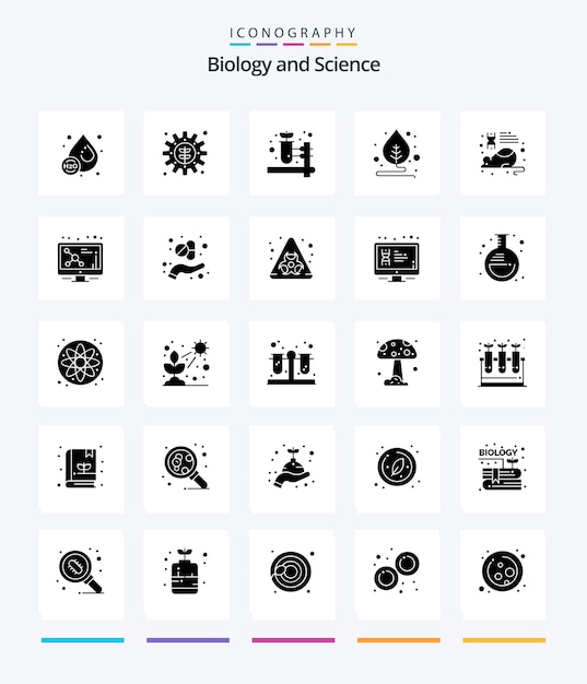Bezpłatny wektor creative biology 25 glyph solid black pakiet ikon, takich jak laboratorium badawcze, motywacja do edukacji w zakresie farmacji ziołowej