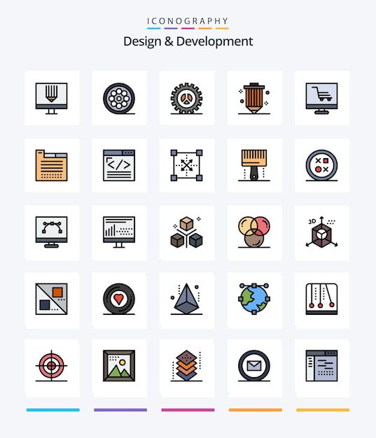 Bezpłatny wektor creative design development 25 line filled pakiet ikon, takich jak projektowanie ołówków, kodowanie stron internetowych