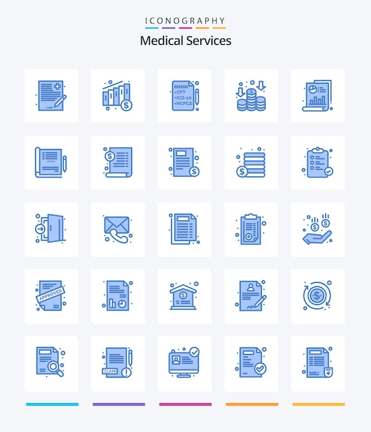 Bezpłatny wektor creative medical services 25 pakiet niebieskich ikon takich jak pieniądze z paska ubezpieczenia wykresu lekarza