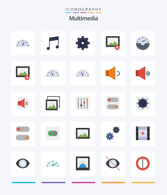 Bezpłatny wektor creative multimedia 25 płaski pakiet ikon, takich jak zdjęcia, dodaj opcje szybkiego myślnika