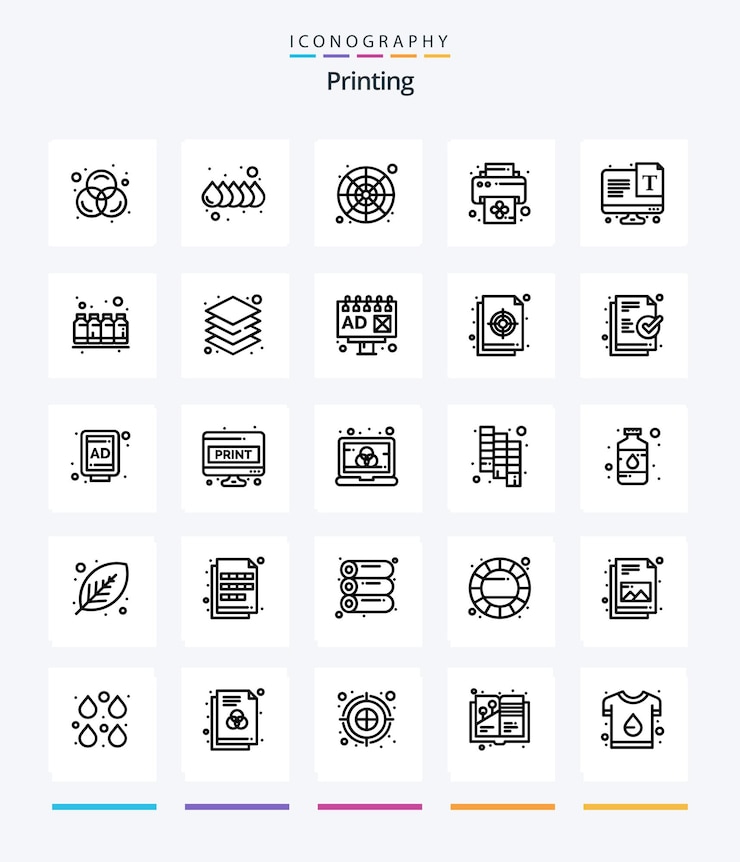 Bezpłatny plik Wektor creative printing 25 pakiet ikon outline takich jak sitodruk z paletą kolorów czcionek