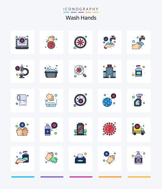 Creative Wash Hands 25 Line Wypełniony Pakiet Ikon, Taki Jak Dłonie Wirusa Medycznego, Ręce Krwi