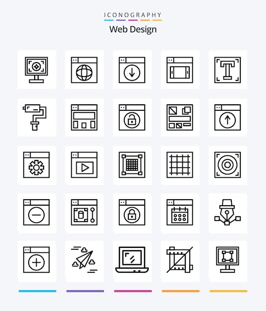 Creative Web Design 25 Pakietów Ikon Outline, Takich Jak Projektowanie światowej Sieci Projektantów W Dół