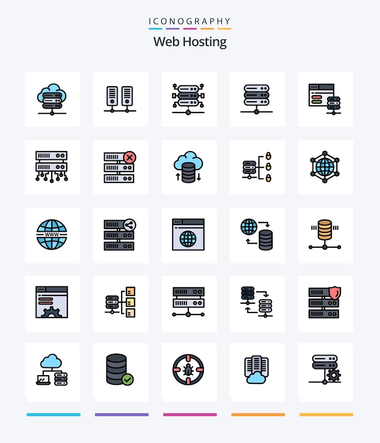 Bezpłatny plik Wektor creative web hosting 25 wierszy wypełnionych pakietów ikon, takich jak usuwanie udostępnionego serwera www udostępniony serwer www