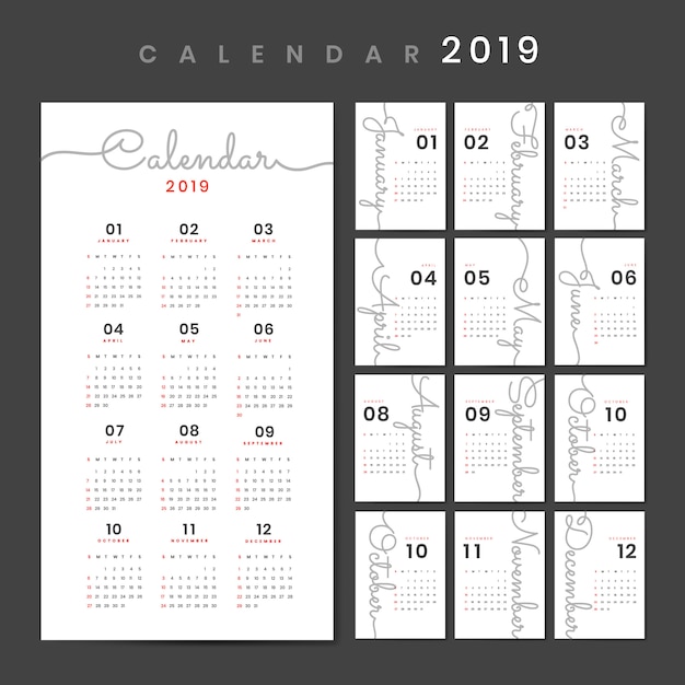 Bezpłatny wektor cursive makieta kalendarza projektu